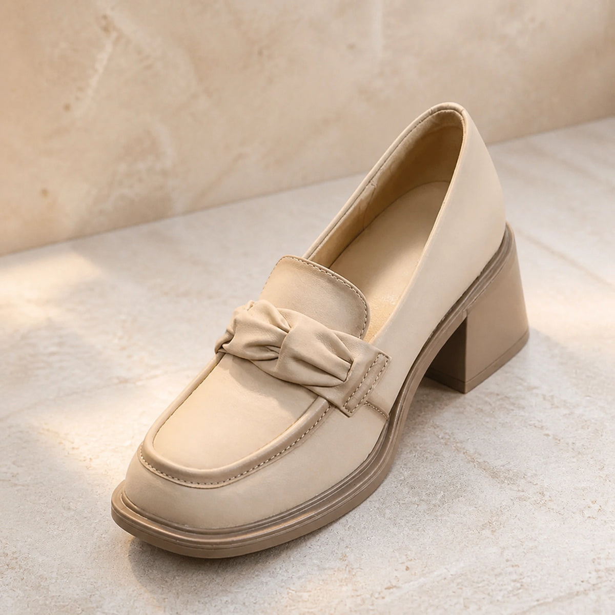 wedding guest shoes — Beige loafer bow apron stitching sole and heel detail — view 5