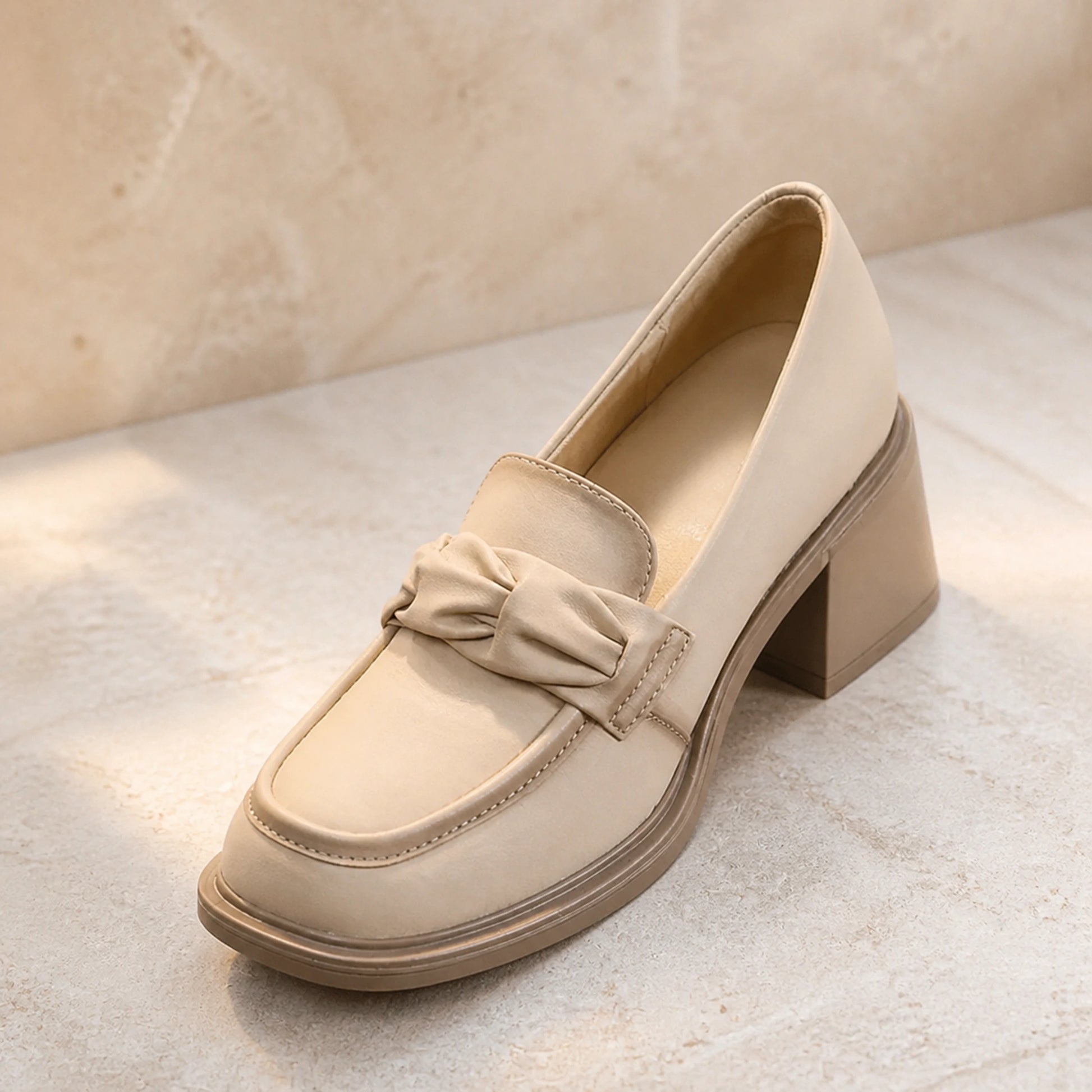 wedding guest shoes — Beige loafer bow apron stitching sole and heel detail — view 5