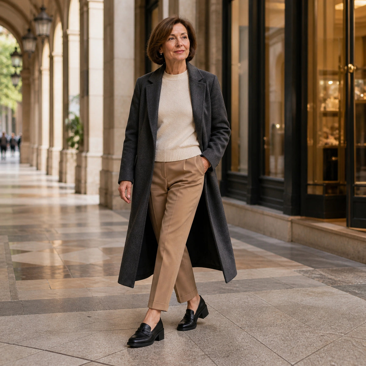 wedding guest shoes — Mature woman wearing black bow detail block heel loafers in a city arcade — view 6