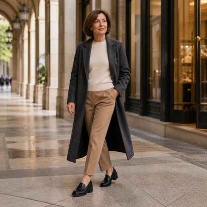wedding guest shoes — Mature woman wearing black bow detail block heel loafers in a city arcade — view 6