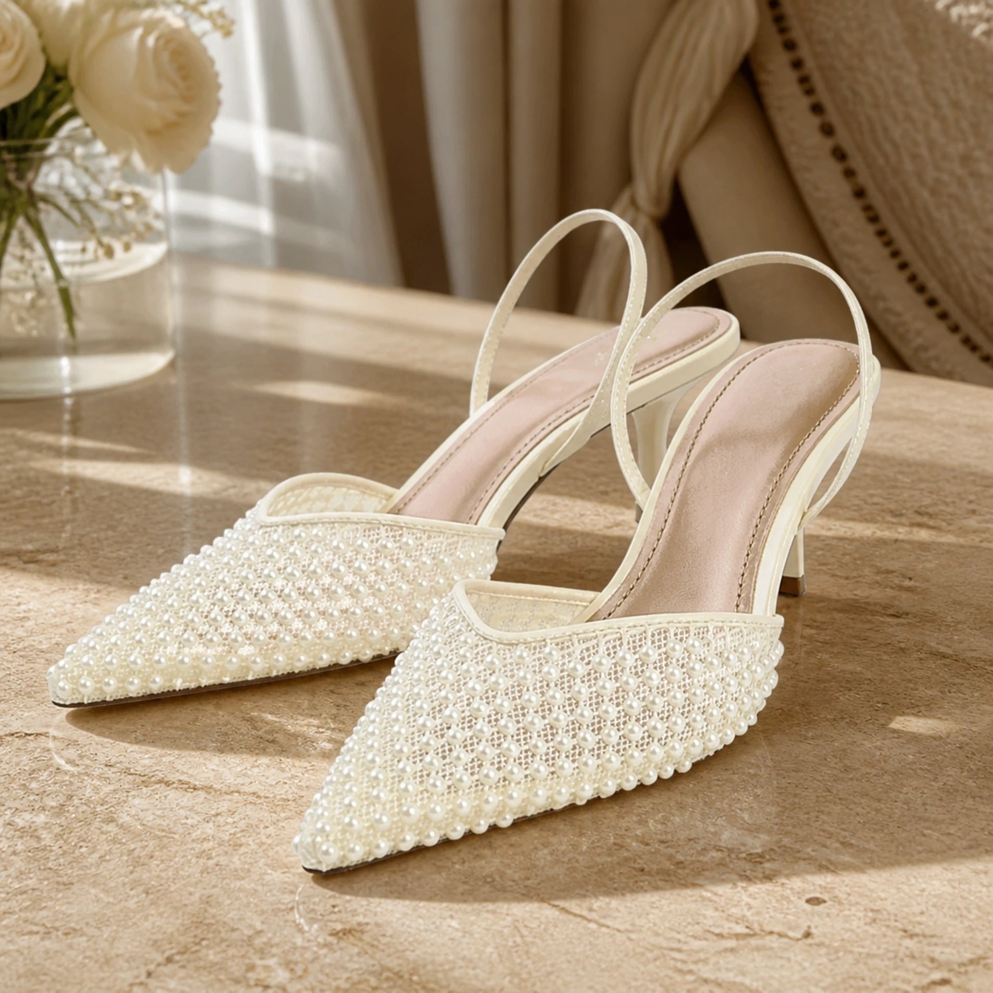 Ivory pearl mesh slingback wedding guest shoes complete pair front view