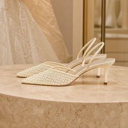 wedding guest shoes — Ivory pearl mesh slingback heels complete side profile — view 2