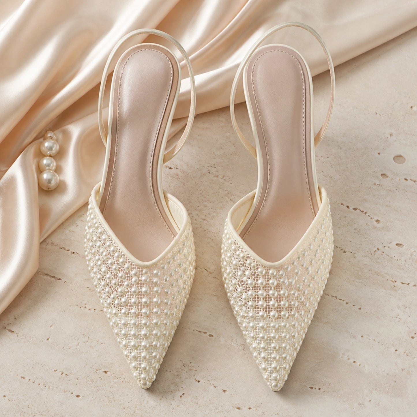 wedding guest shoes — Ivory pearl mesh pointed toe heels complete overhead view — view 4