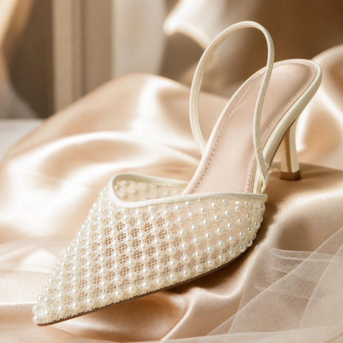 wedding guest shoes — Ivory mesh and pearl pointed toe construction detail — view 5