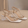 wedding guest shoes — Champagne floral embellished clear heel sandals
