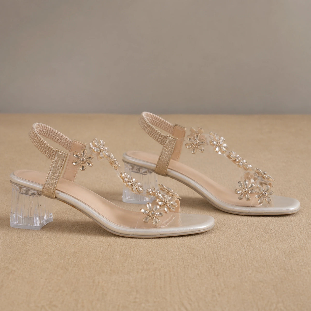 wedding guest shoes — Champagne floral clear heel sandals profile construction view — view 5