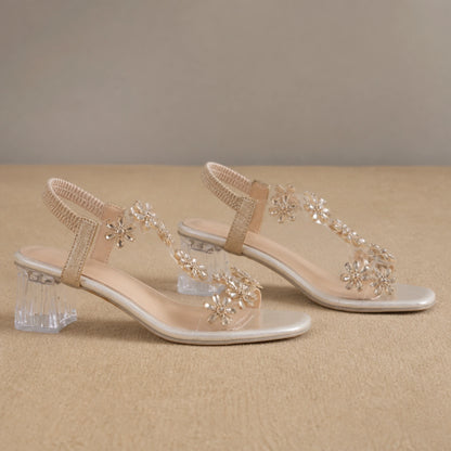 wedding guest shoes — Champagne floral clear heel sandals profile construction view — view 5
