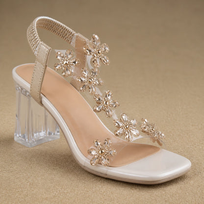 wedding guest shoes — Champagne floral embellishment strap and transparent heel detail — view 7