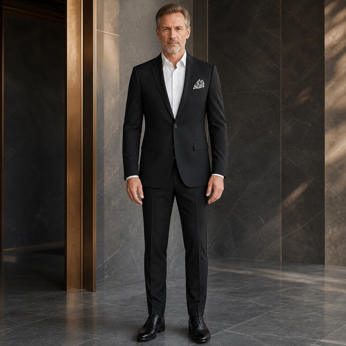 Black slim fit wedding guest suit, complete front view on mature male model — view 2