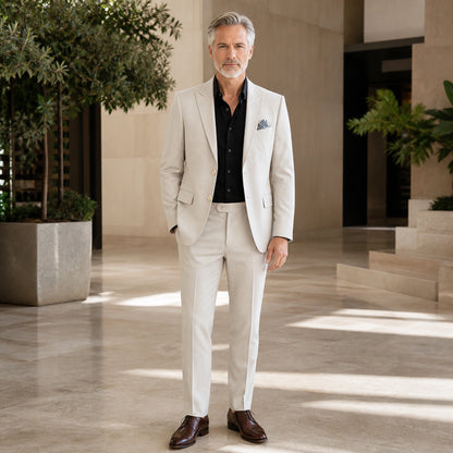Ivory slim fit wedding guest suit, complete front view on mature male model — view 3
