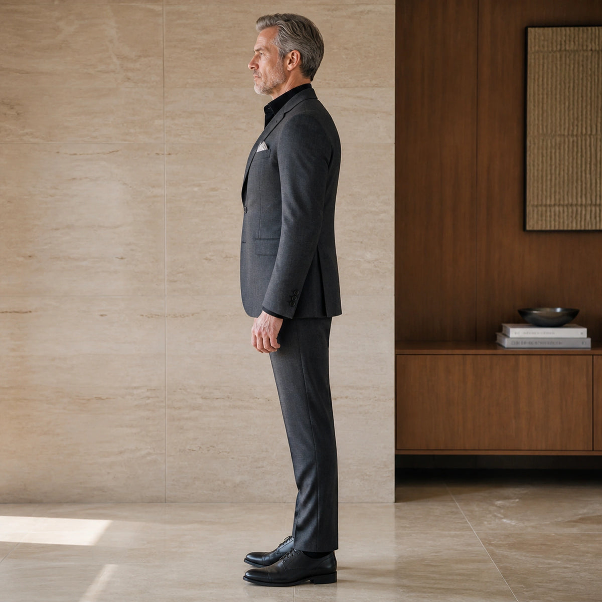 Dark gray slim fit wedding guest suit, true side view — view 5