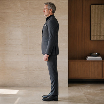 Dark gray slim fit wedding guest suit, true side view — view 5