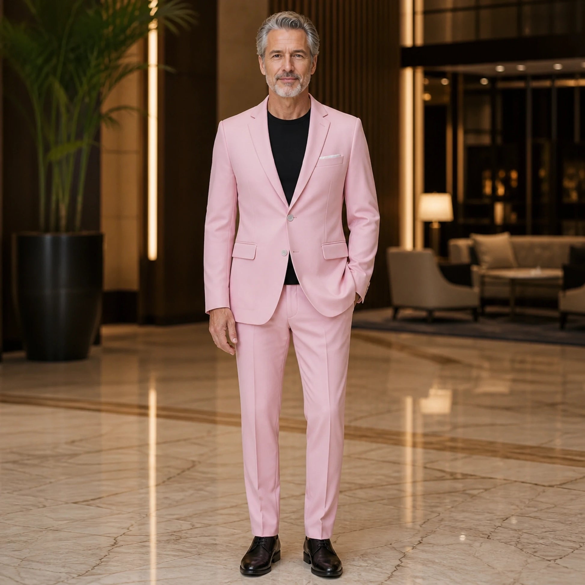 Pink slim fit wedding guest suit front view — view 12