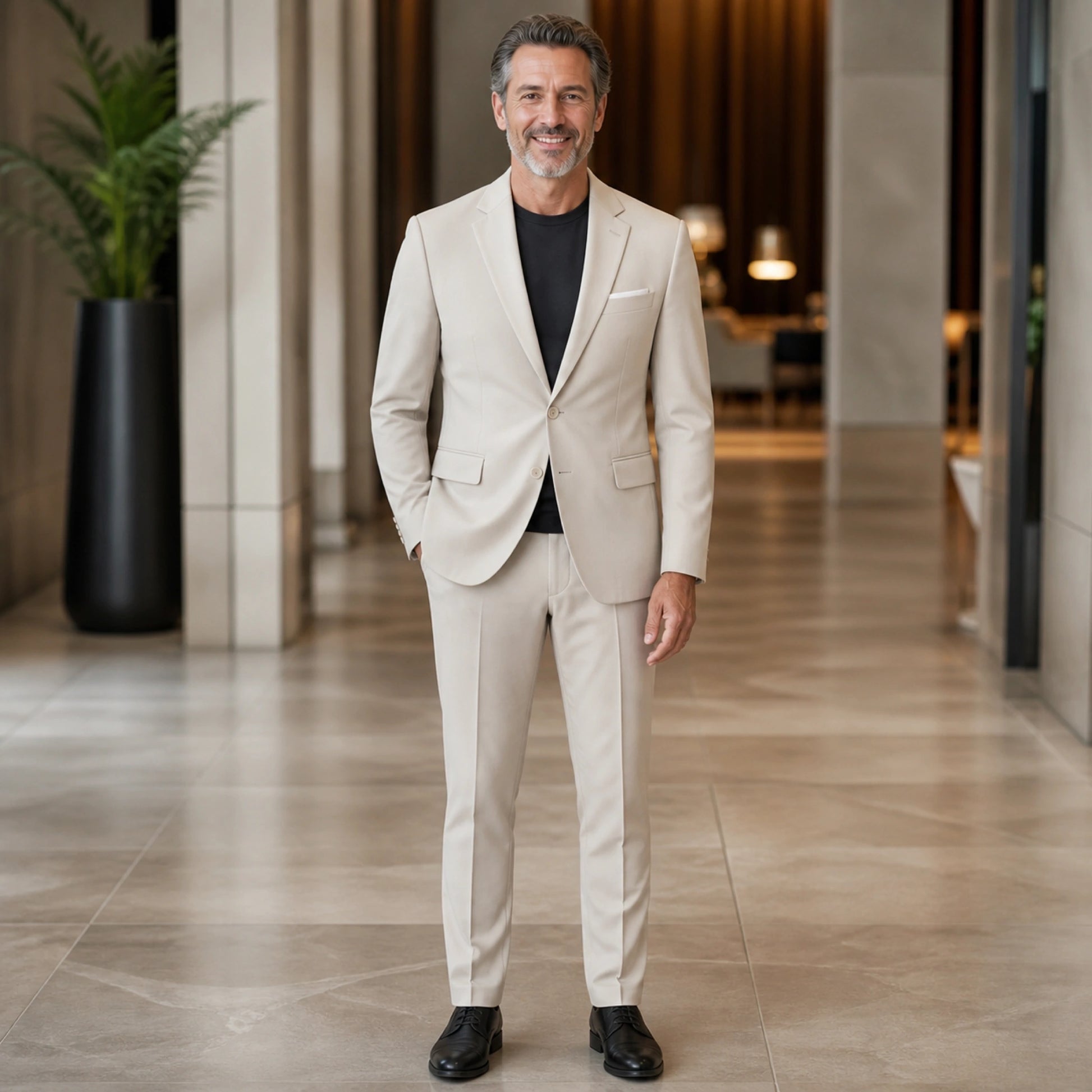 Warm Beige slim fit wedding guest suit front view — view 14