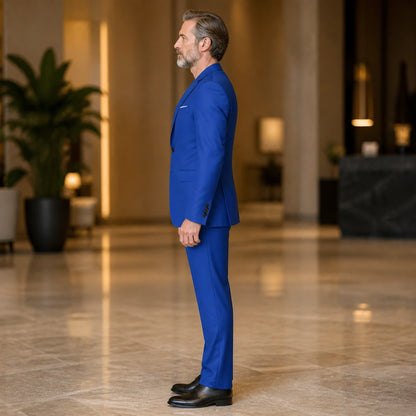 Sapphire Blue slim fit wedding guest suit true side view — view 16