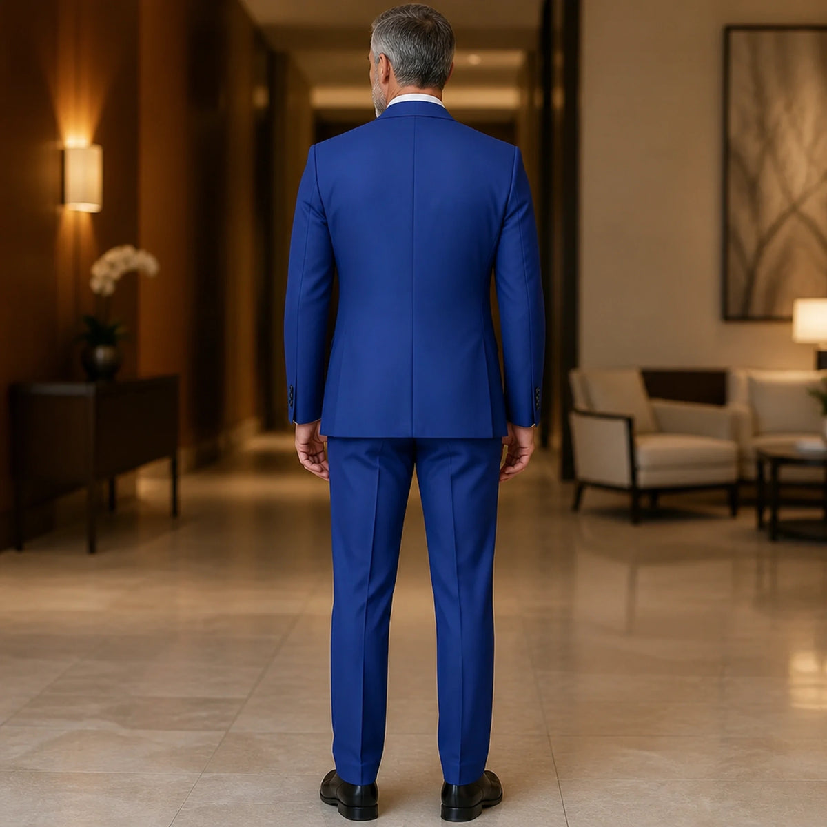 Sapphire Blue slim fit wedding guest suit direct back view — view 17