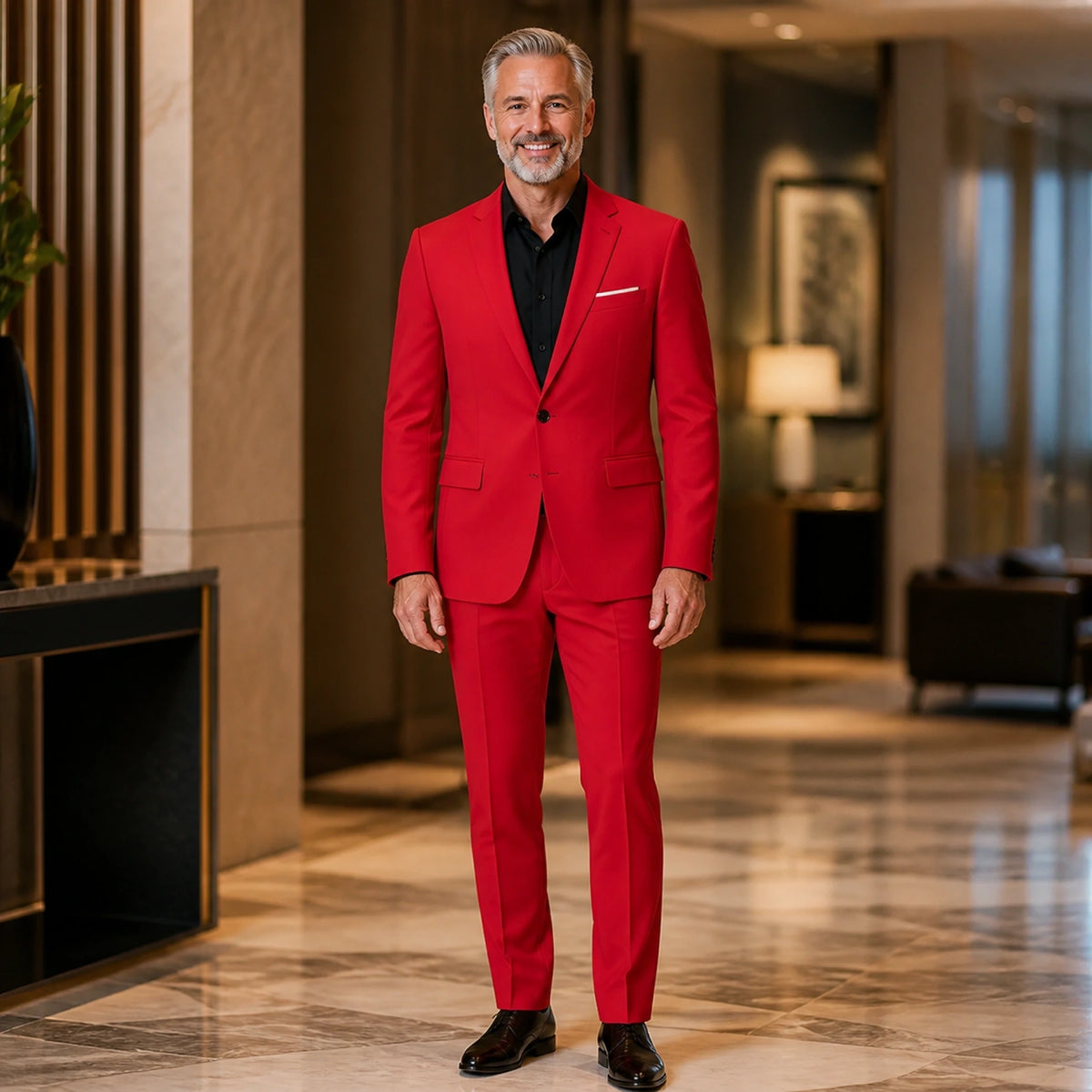 Red slim fit wedding guest suit front view — view 7