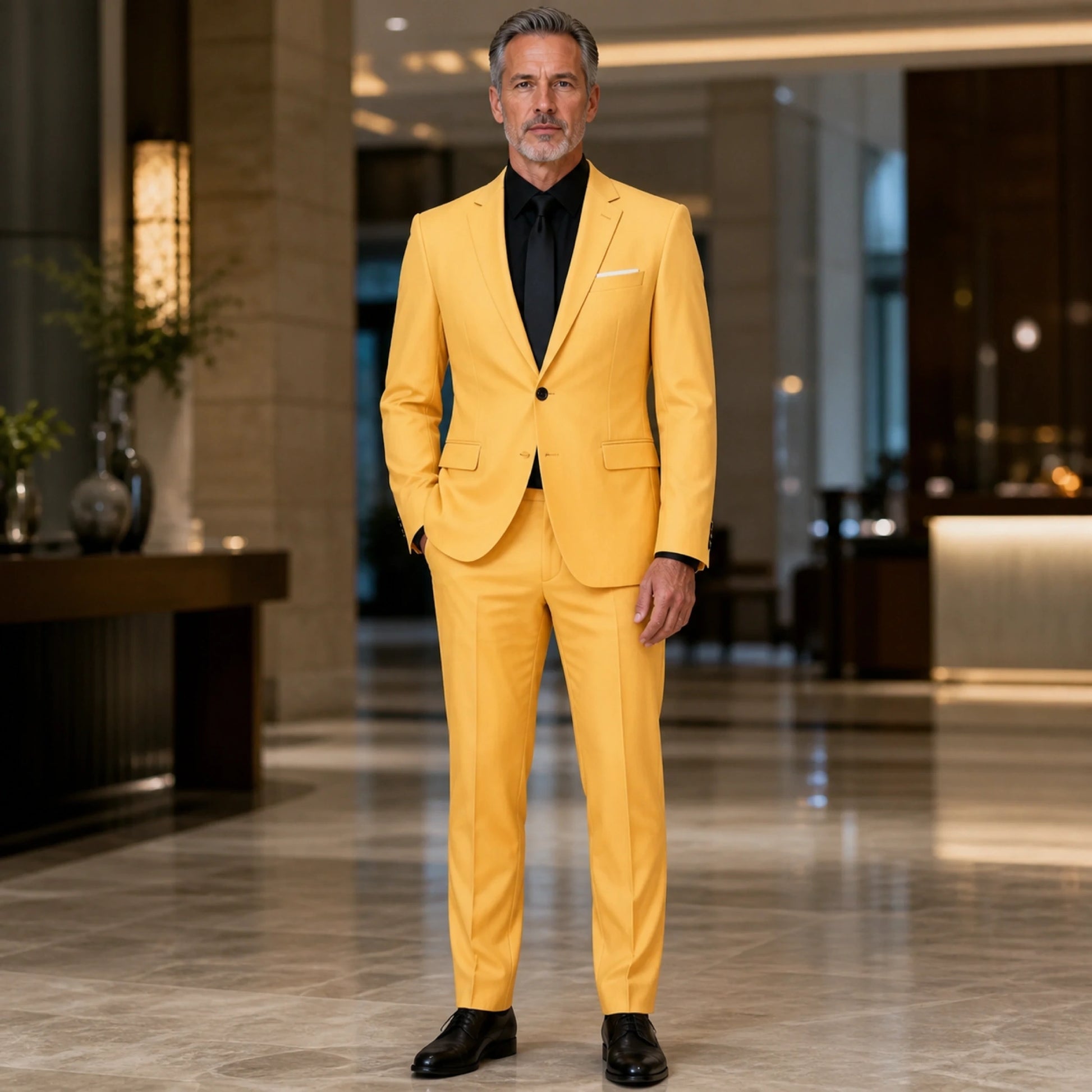 Golden Yellow slim fit wedding guest suit front view — view 9