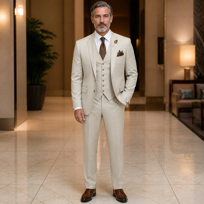 Champagne three piece wedding guest suit front view