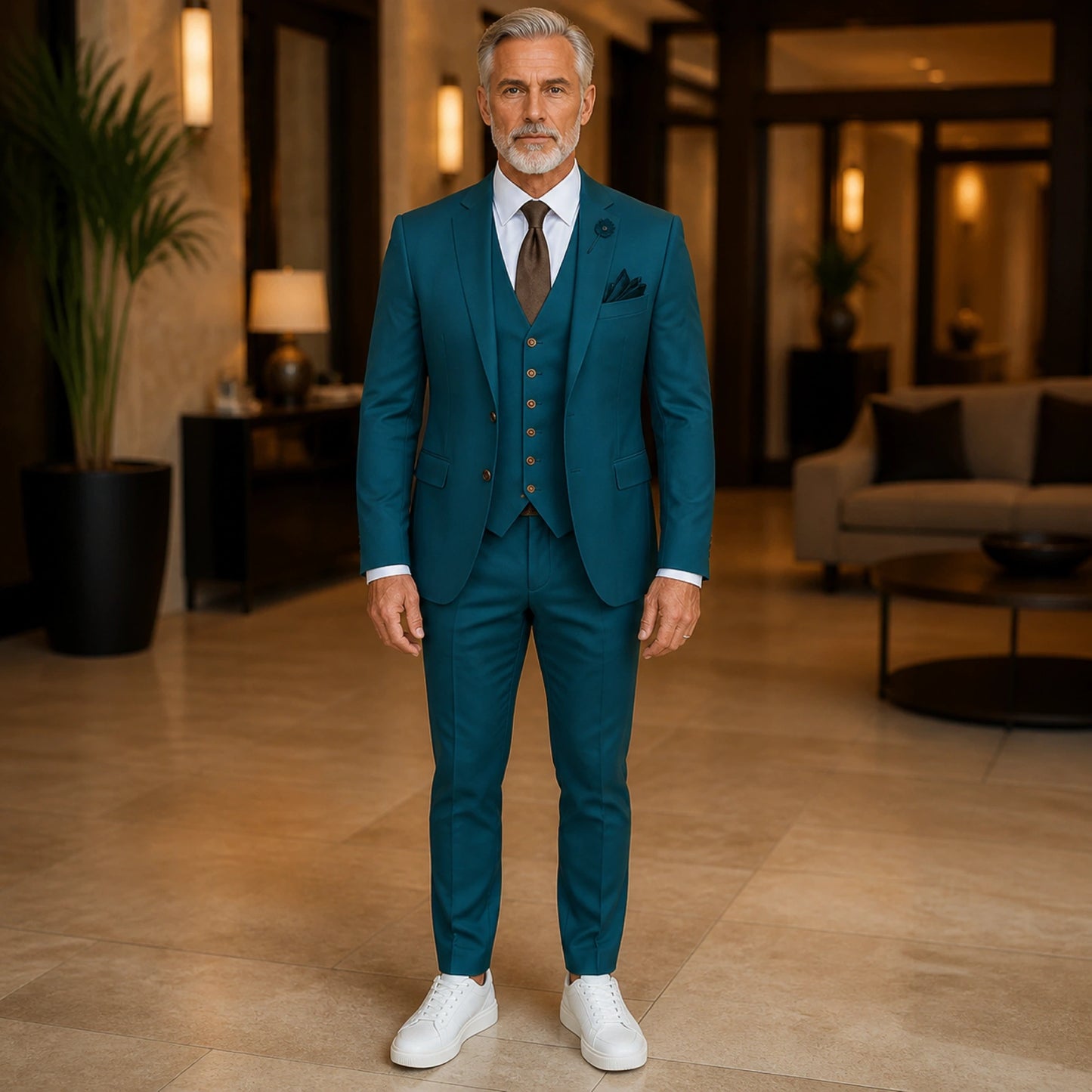 Teal three piece wedding guest suit front view — view 10