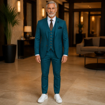 Teal three piece wedding guest suit front view — view 10