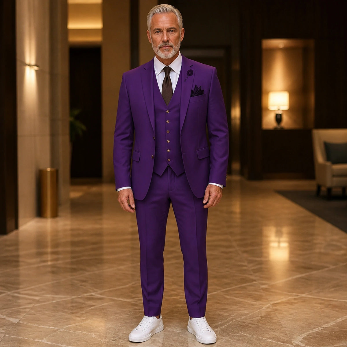 Deep Purple three piece wedding guest suit front view — view 12