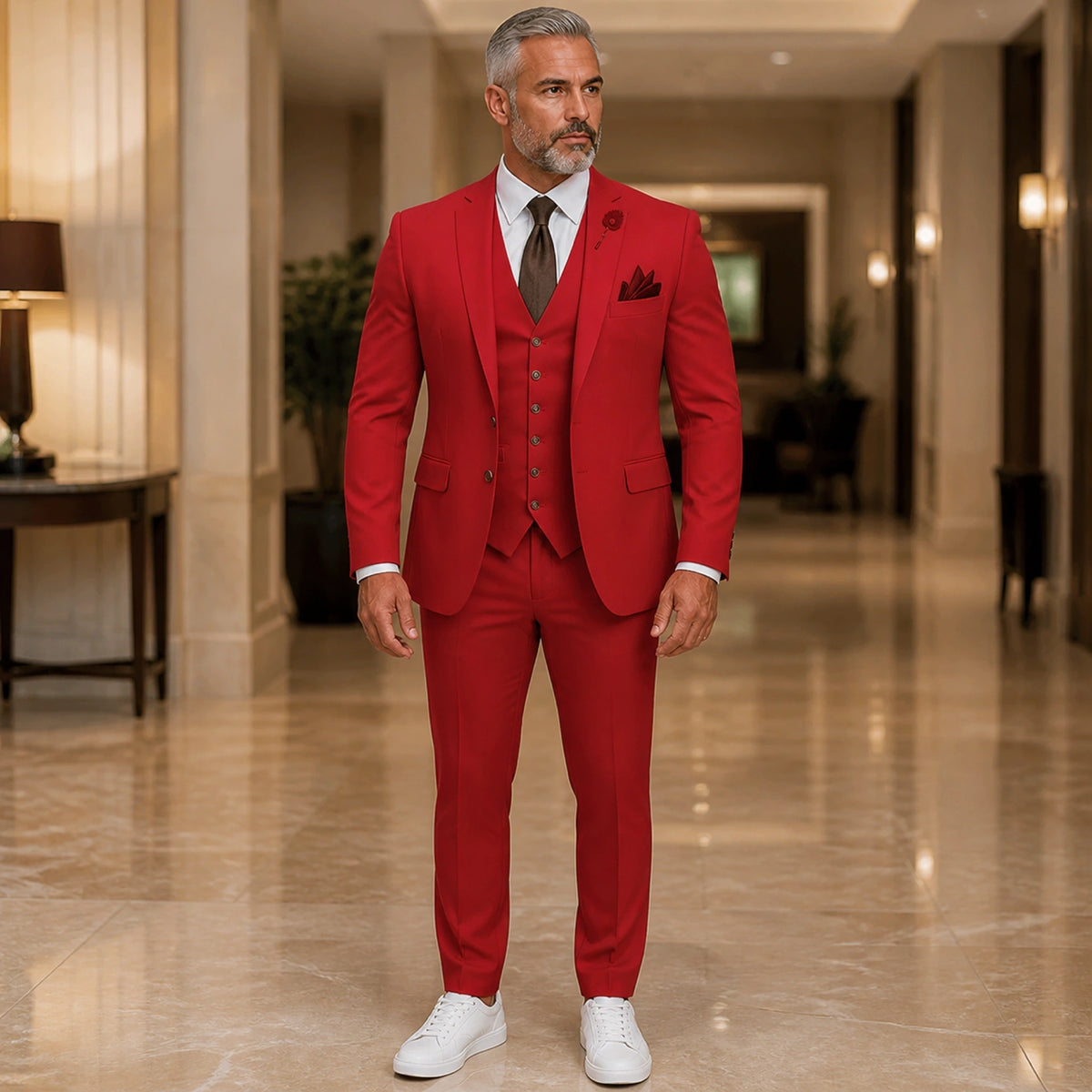 Red three piece wedding guest suit front view — view 13