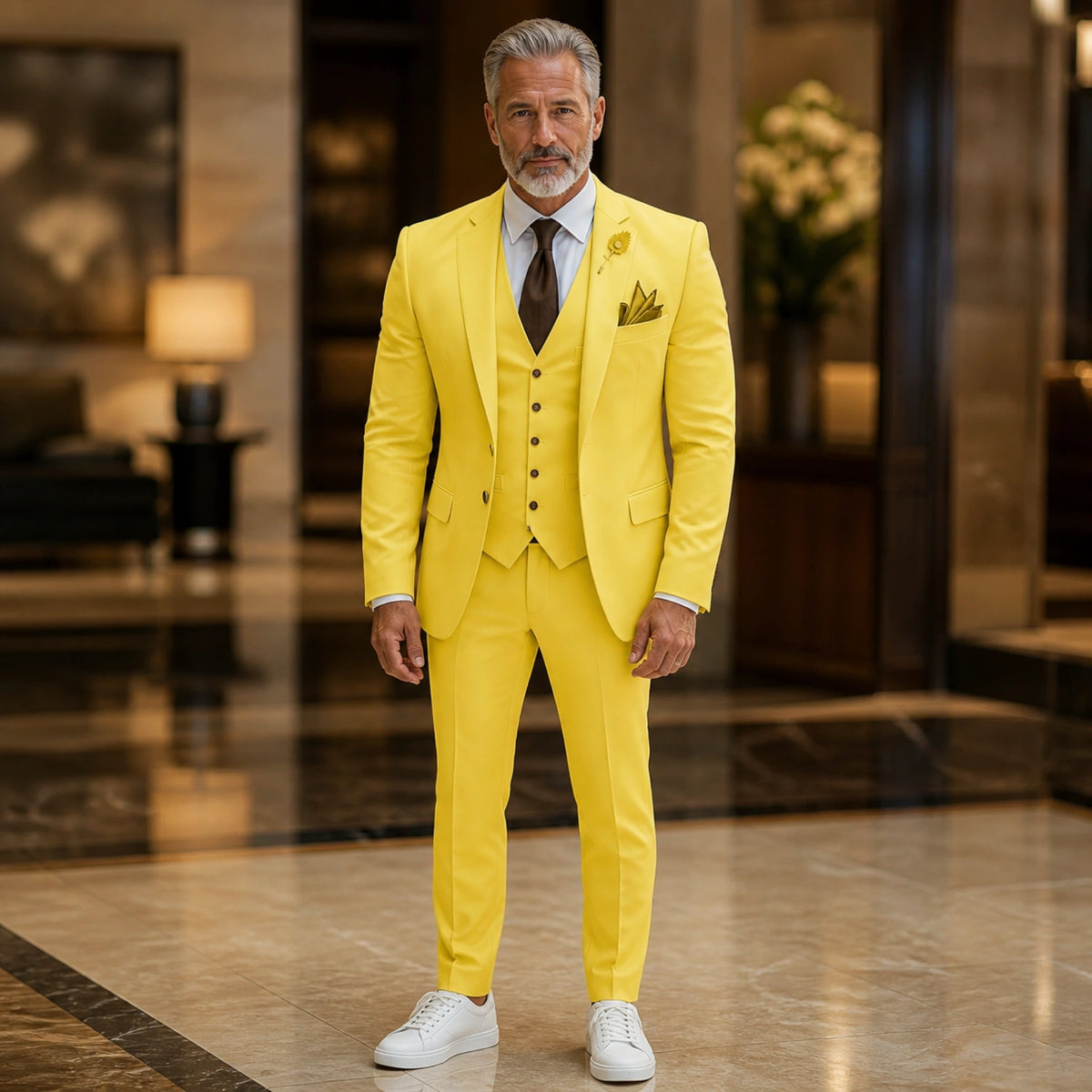 Yellow three piece wedding guest suit front view — view 14