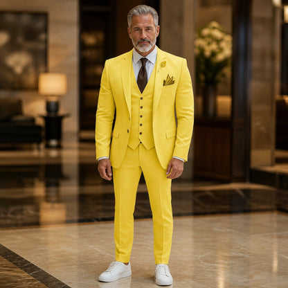 Yellow three piece wedding guest suit front view — view 14