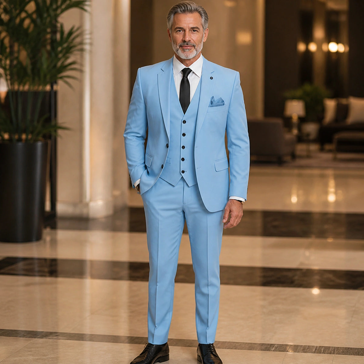 Sky Blue three piece wedding guest suit front view — view 15