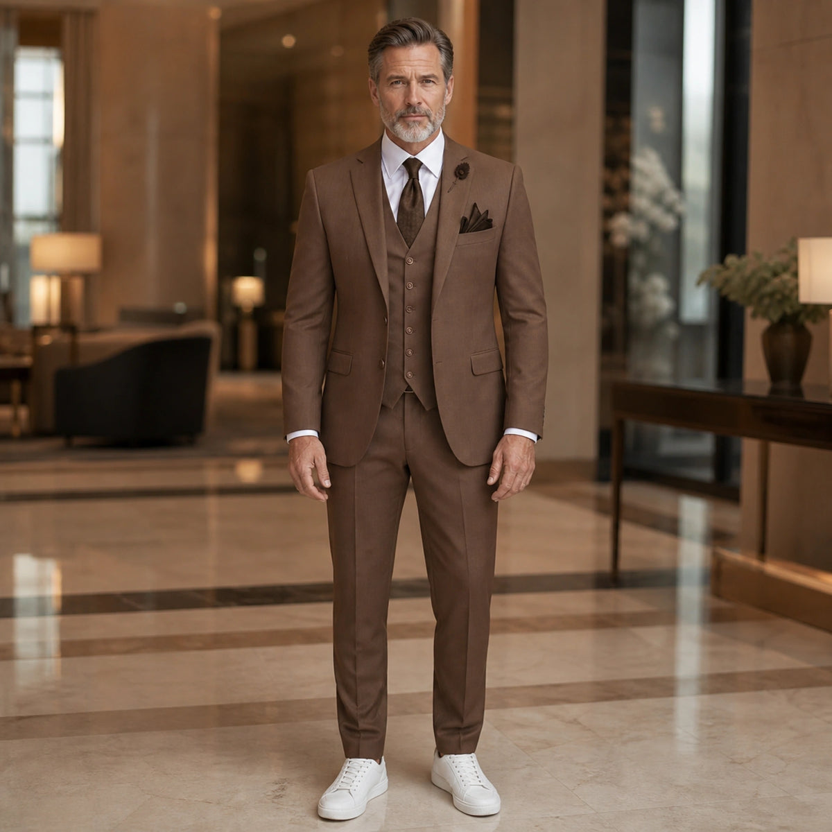 Chocolate Brown three piece wedding guest suit front view — view 16