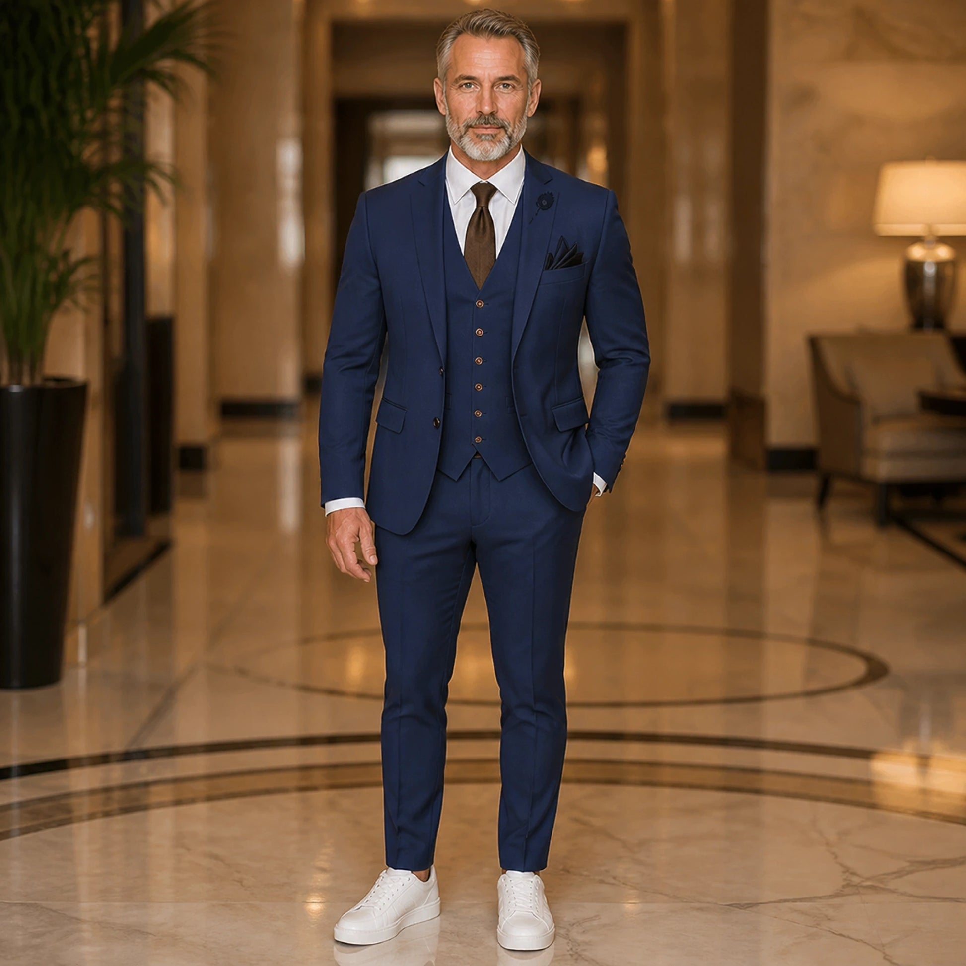 Navy Blue three piece wedding guest suit front view — view 18