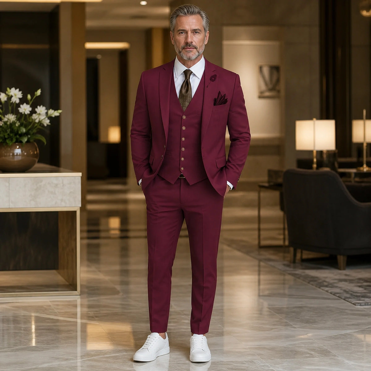 Burgundy three piece wedding guest suit front view — view 19