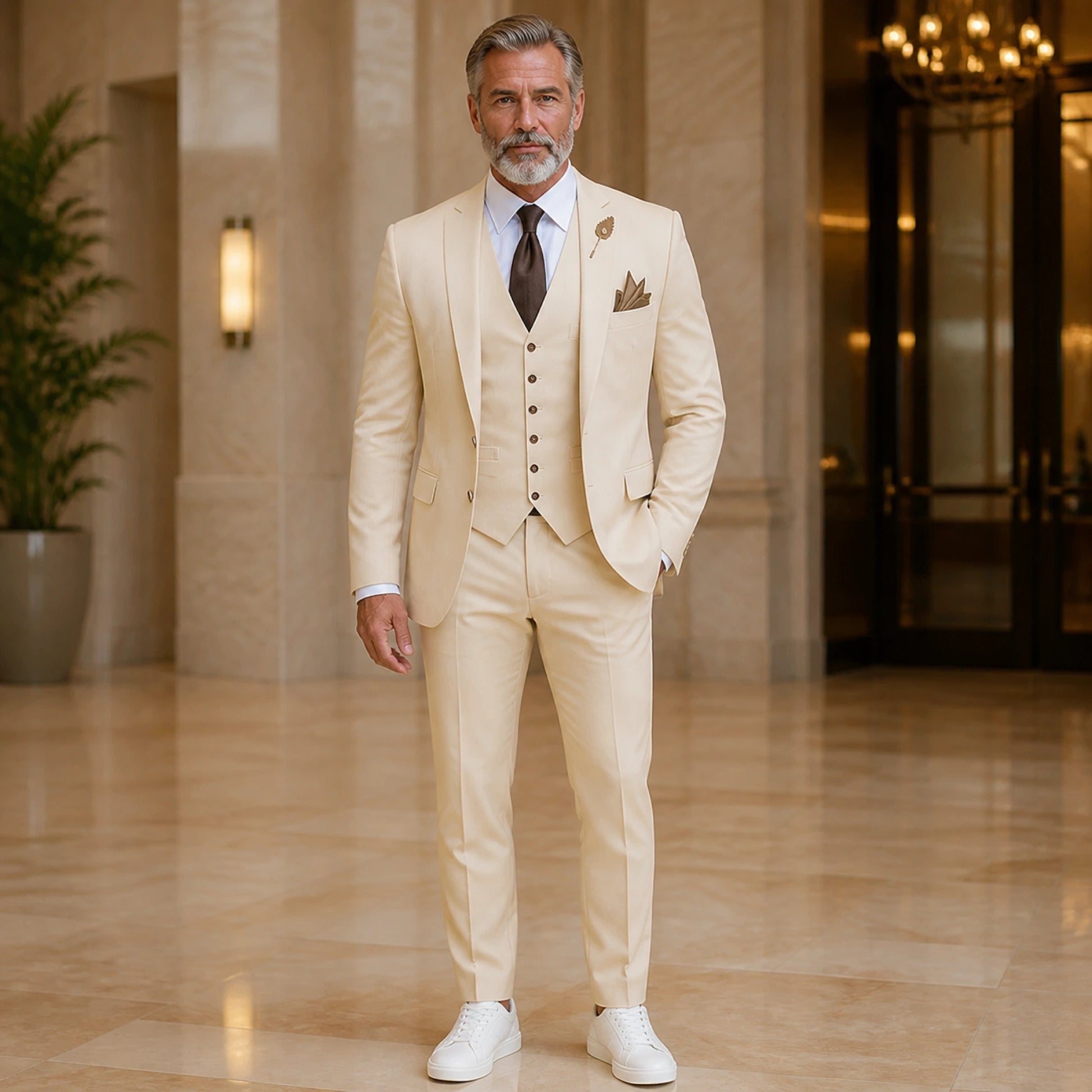 Cream three piece wedding guest suit front view — view 20