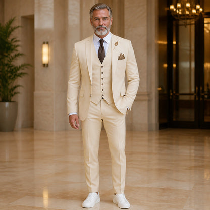 Cream three piece wedding guest suit front view — view 20