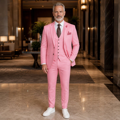 Pink three piece wedding guest suit front view — view 21