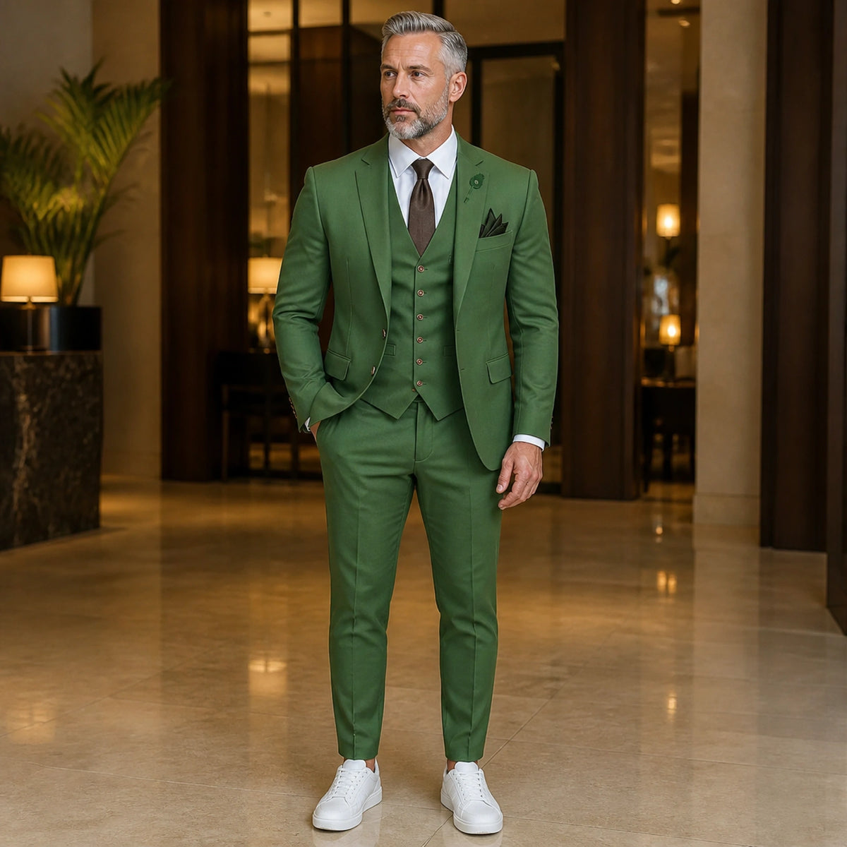 Olive Green three piece wedding guest suit front view — view 22