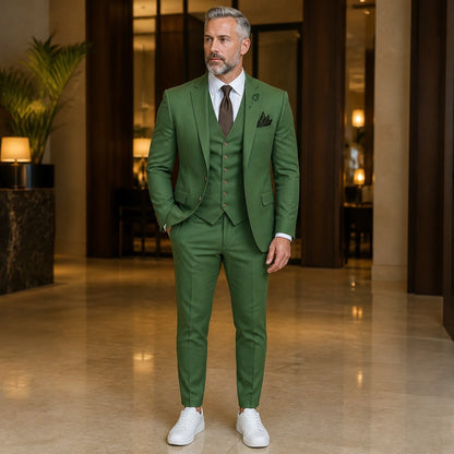 Olive Green three piece wedding guest suit front view — view 22