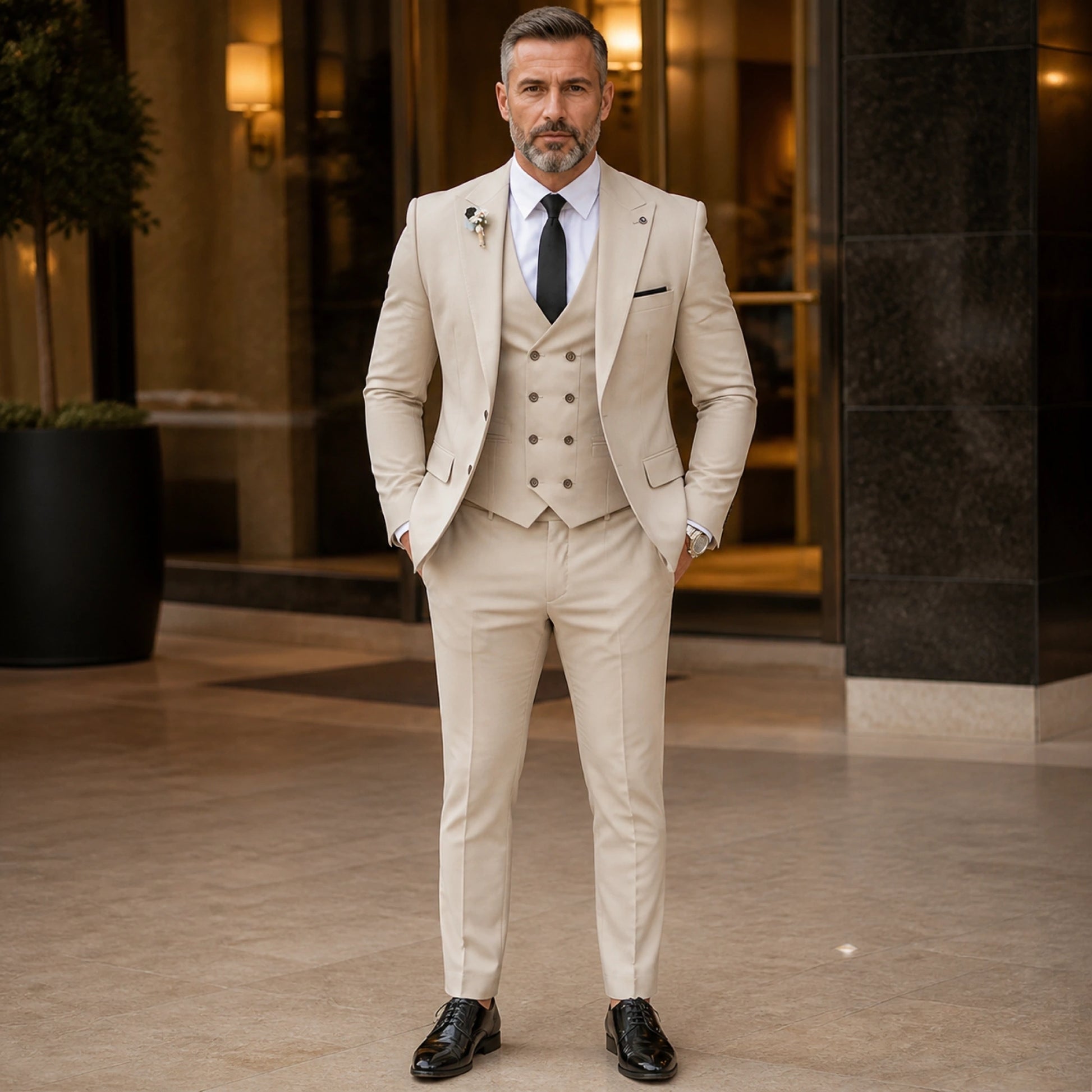 Beige three piece wedding guest suit front view — view 23