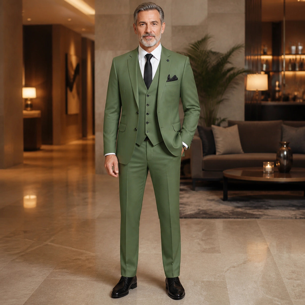 Sage Green three piece wedding guest suit front view — view 24