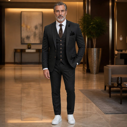 Black three piece wedding guest suit front view — view 25