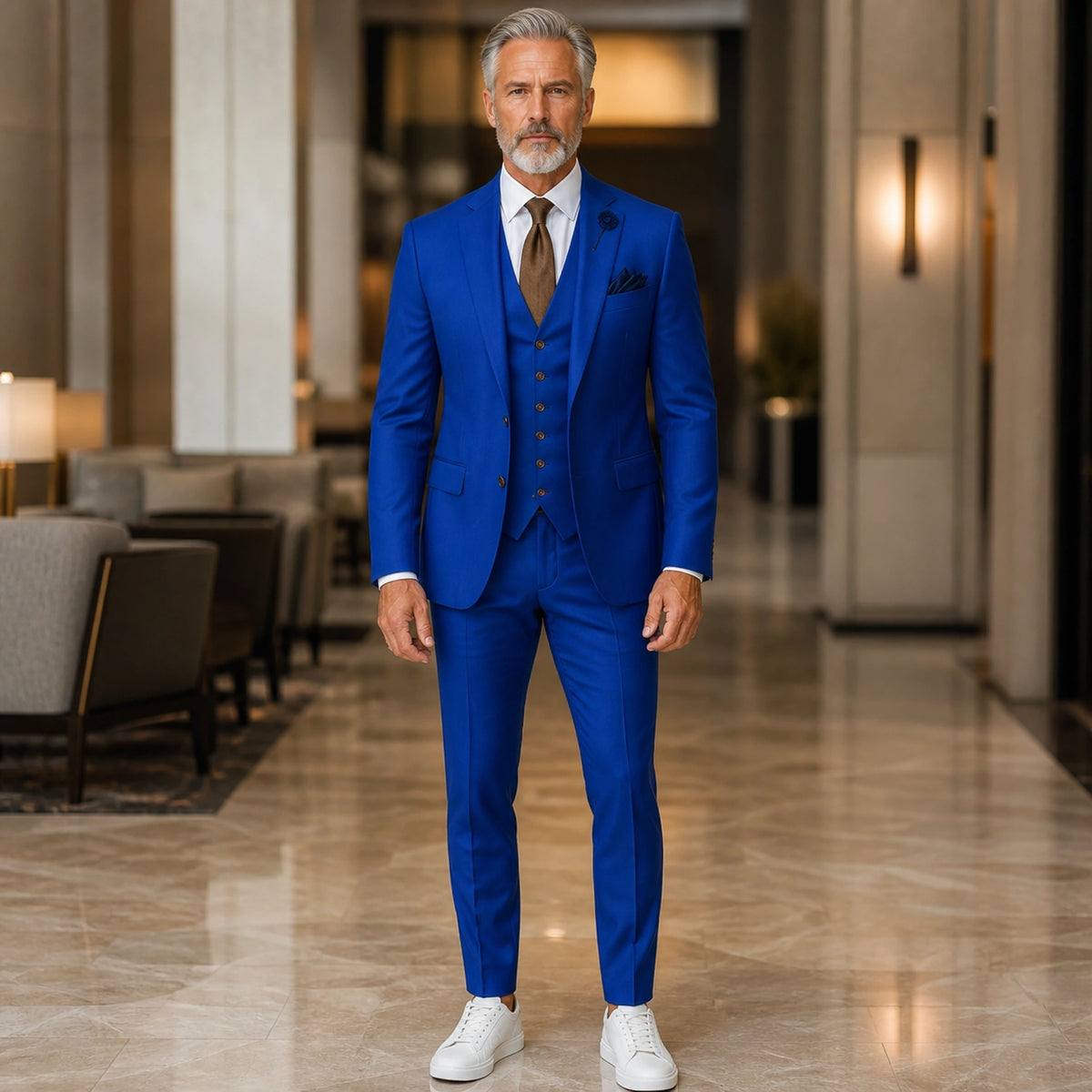 Royal Blue three piece wedding guest suit front view — view 26