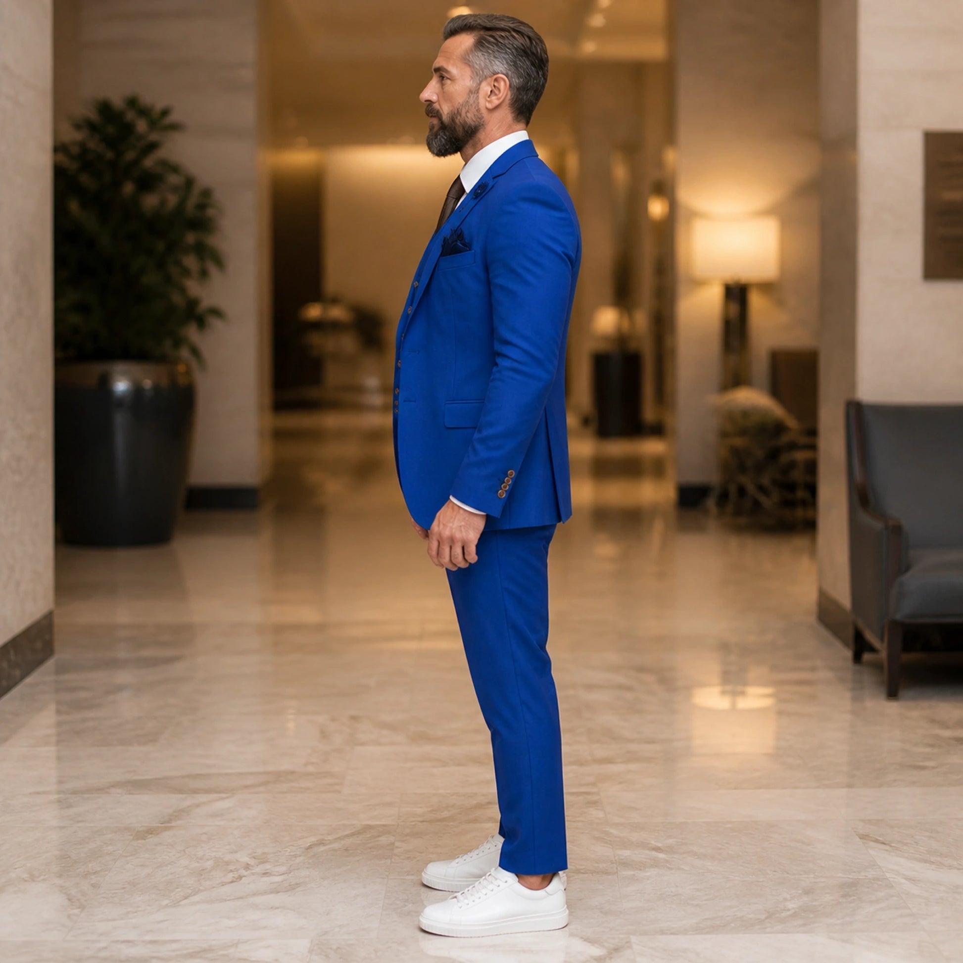 Royal Blue three piece wedding guest suit true side view — view 29
