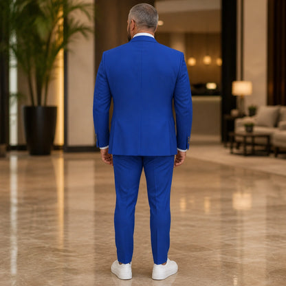Royal Blue three piece wedding guest suit direct back view — view 30