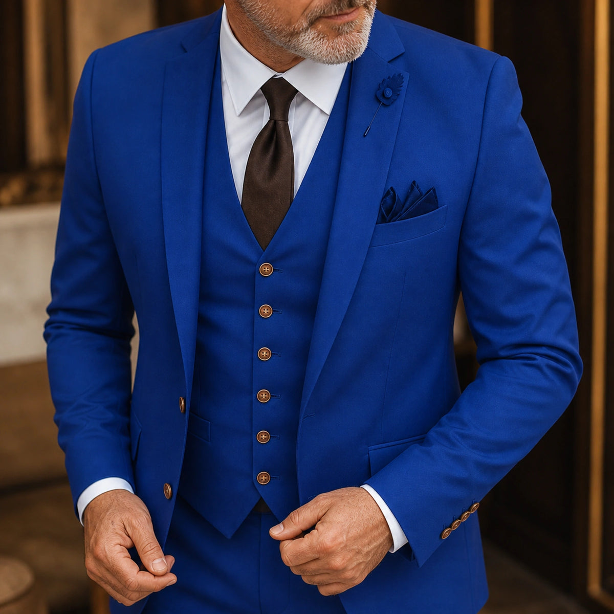 wedding guest suit — Royal Blue three piece suit lapel, vest, and construction detail — view 31