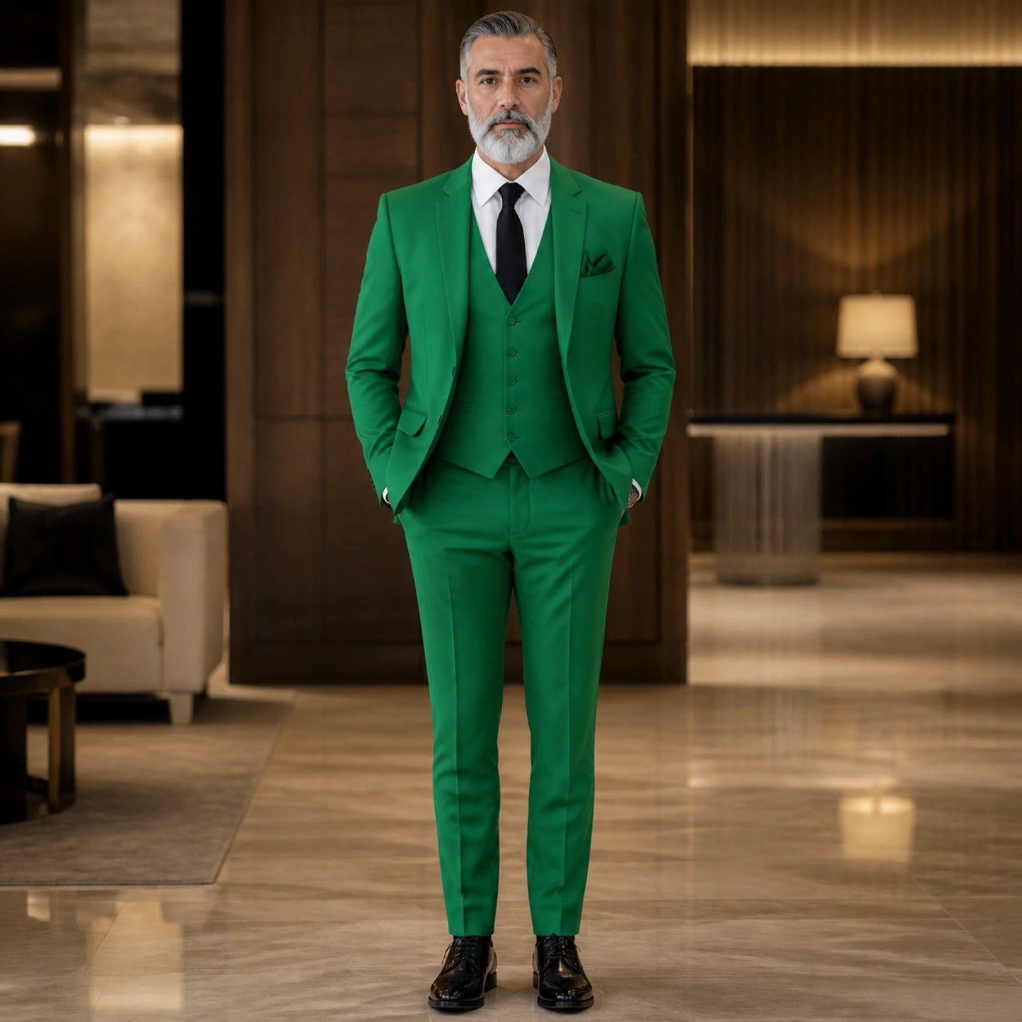 Emerald Green three piece wedding guest suit front view — view 5