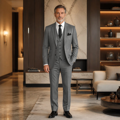 Medium Gray three piece wedding guest suit front view — view 6