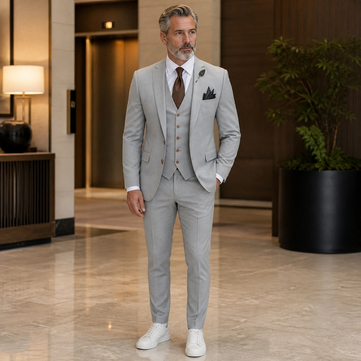 Light Gray three piece wedding guest suit front view — view 7