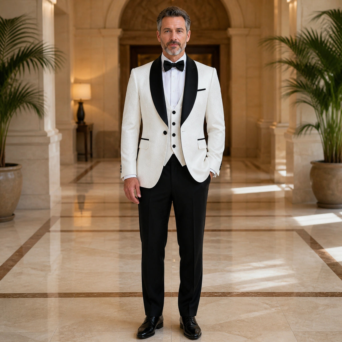 wedding guest suit — White floral jacquard wedding tuxedo with black trim, complete front view