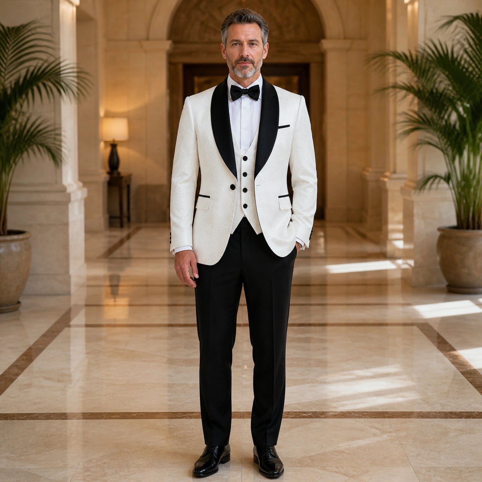 wedding guest suit — White floral jacquard wedding tuxedo with black trim, complete front view